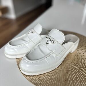 Prada White Leather Mule Loafers